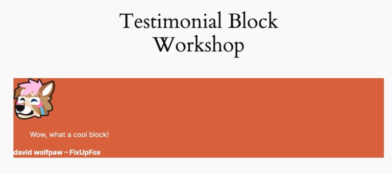 a screenshot of the testimonial block frontend, showing custom colors set